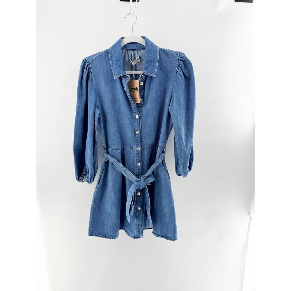 Zara Puff Sleeve Button-Front Lightweight Denim Mini Shirt Dress Blue Women's S